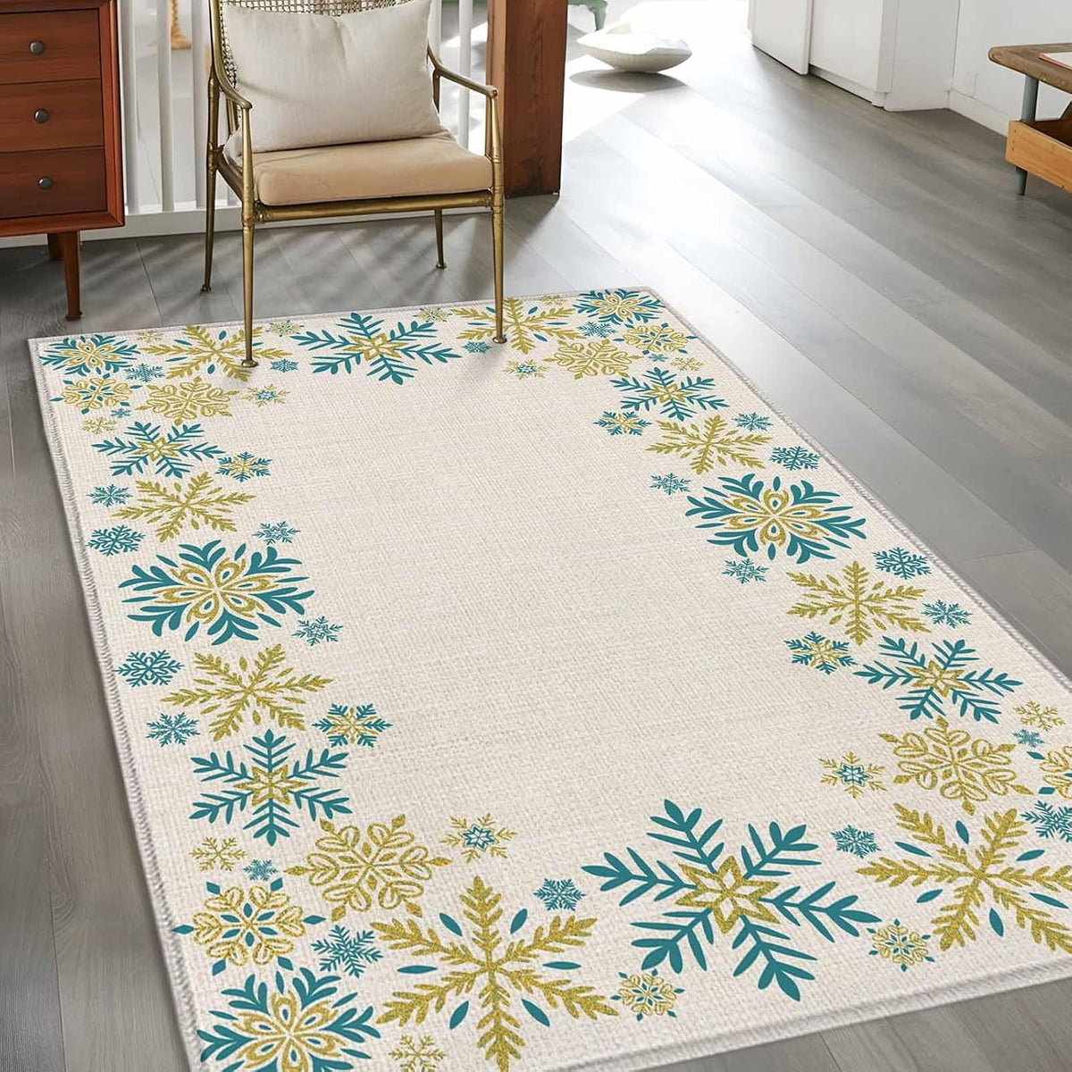 Retro Yellow Snowflake 4x6 Area Rugs for Living Room, Winter Christmas Abstract Art Non Slip Floor Mat Washable Low-Profile Indoor Carpet for Bedroom, Dining Room, Bathroom