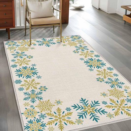 Retro Yellow Snowflake 4x6 Area Rugs for Living Room, Winter Christmas Abstract Art Non Slip Floor Mat Washable Low-Profile Indoor Carpet for Bedroom, Dining Room, Bathroom
