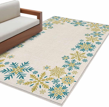 Retro Yellow Snowflake 4x6 Area Rugs for Living Room, Winter Christmas Abstract Art Non Slip Floor Mat Washable Low-Profile Indoor Carpet for Bedroom, Dining Room, Bathroom