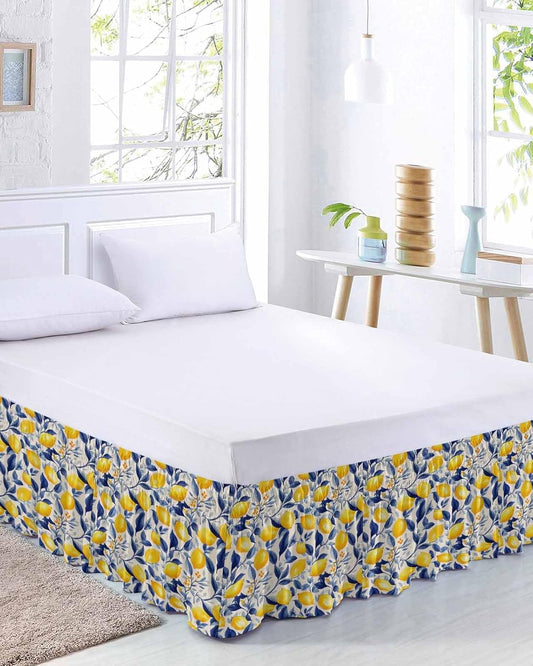 Yellow Lemon Bed Skirt Queen Size 16 Inch Drop, Adjustable Elastic Wrap Around Bed Skirts Easy Fitting Dust Ruffle Bedskirt Bed Frame Cover Blue Leaf Vintage Botanical Summer Spring