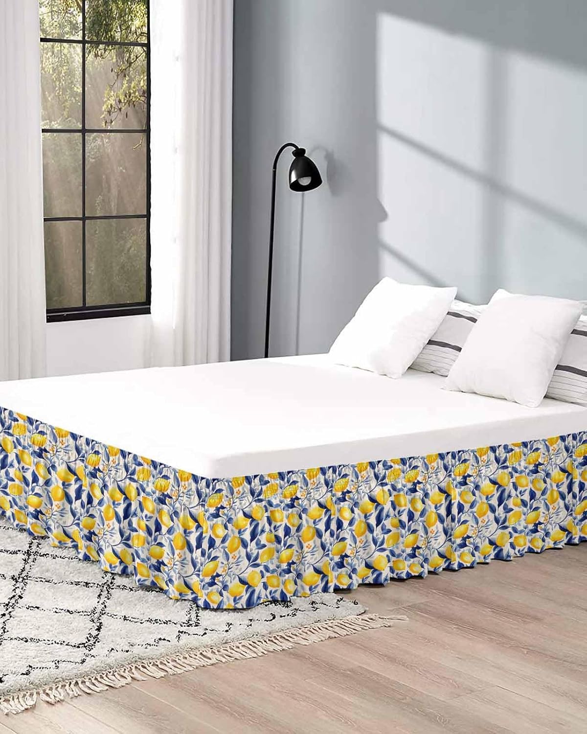 Yellow Lemon Bed Skirt Queen Size 16 Inch Drop, Adjustable Elastic Wrap Around Bed Skirts Easy Fitting Dust Ruffle Bedskirt Bed Frame Cover Blue Leaf Vintage Botanical Summer Spring