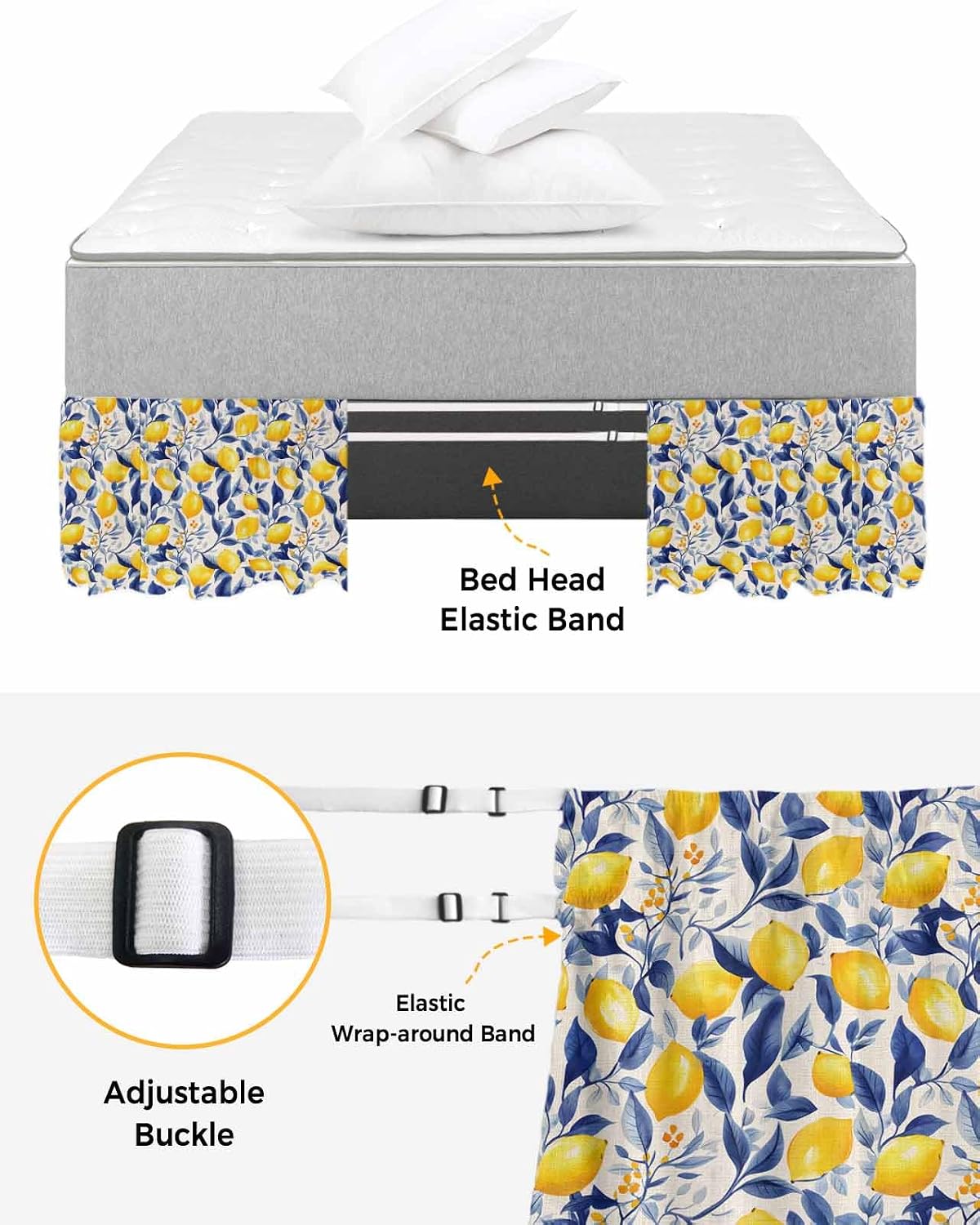 Yellow Lemon Bed Skirt Queen Size 16 Inch Drop, Adjustable Elastic Wrap Around Bed Skirts Easy Fitting Dust Ruffle Bedskirt Bed Frame Cover Blue Leaf Vintage Botanical Summer Spring