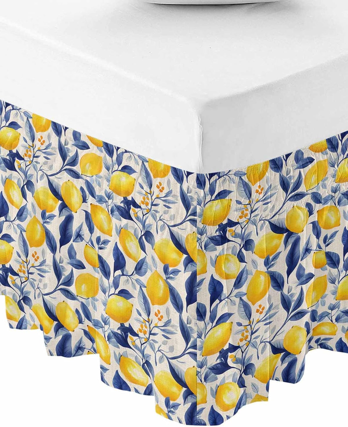 Yellow Lemon Bed Skirt Queen Size 16 Inch Drop, Adjustable Elastic Wrap Around Bed Skirts Easy Fitting Dust Ruffle Bedskirt Bed Frame Cover Blue Leaf Vintage Botanical Summer Spring