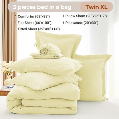 5 Pieces Twin XL Comforter Set, Soft Bed in a Bag Twin XL Size, All Season Bedding Set with Comforter, Flat Sheet, Fitted Sheet, Pillowcases & Shams, Cream Yellow