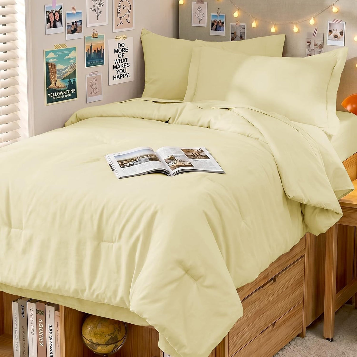 5 Pieces Twin XL Comforter Set, Soft Bed in a Bag Twin XL Size, All Season Bedding Set with Comforter, Flat Sheet, Fitted Sheet, Pillowcases & Shams, Cream Yellow