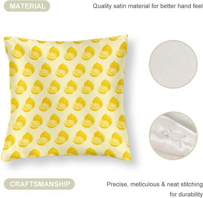 Yellow Sweet Lemon Satin Square Throw Pillow Covers Summer Lemon Throw Pillow Cover Square Hidden Zipper 16"x16" Outdoor Pillow Covers Home Decor Throw Pillows Cover Cooling Pillow case