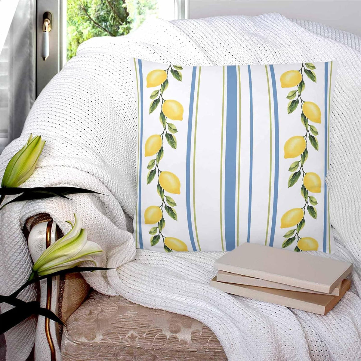 Lemon Striped 2PCS Throw Pillow Covers for Couch Sofa Bed, Yellow Fruit Blue White Pillow Covers 18x18 inch, Standard Pillowcases Set Decorative Cushion Covers for Living Room Bedroom