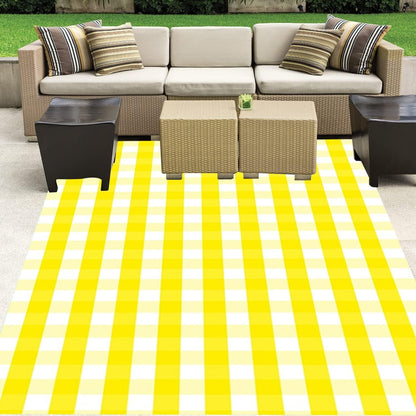Vibrant Bright Yellow White Plaid Texture Waterproof Outdoor Area Rug 2x3 for Porch Patio Deck Garden Washable Non Skid Carpet Veranda Balcony Camping Foyer Poolside Rustic Minimalist Checkered Rugs