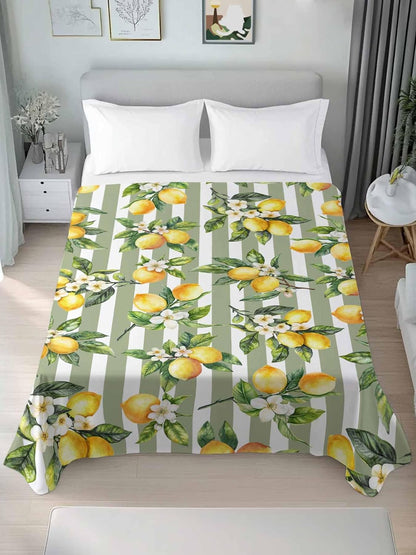 Twin Flat Sheet Only,Vintage Farm Lemon Flowers Top Sheet Breathable Soft Brushed Polyester Microfiber Bed Sheets,Yellow Fruit on Sage Green Stripe Hotel Luxury Bedding Sheets for Women,Men,Teens