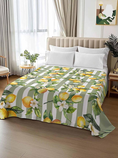 Twin Flat Sheet Only,Vintage Farm Lemon Flowers Top Sheet Breathable Soft Brushed Polyester Microfiber Bed Sheets,Yellow Fruit on Sage Green Stripe Hotel Luxury Bedding Sheets for Women,Men,Teens