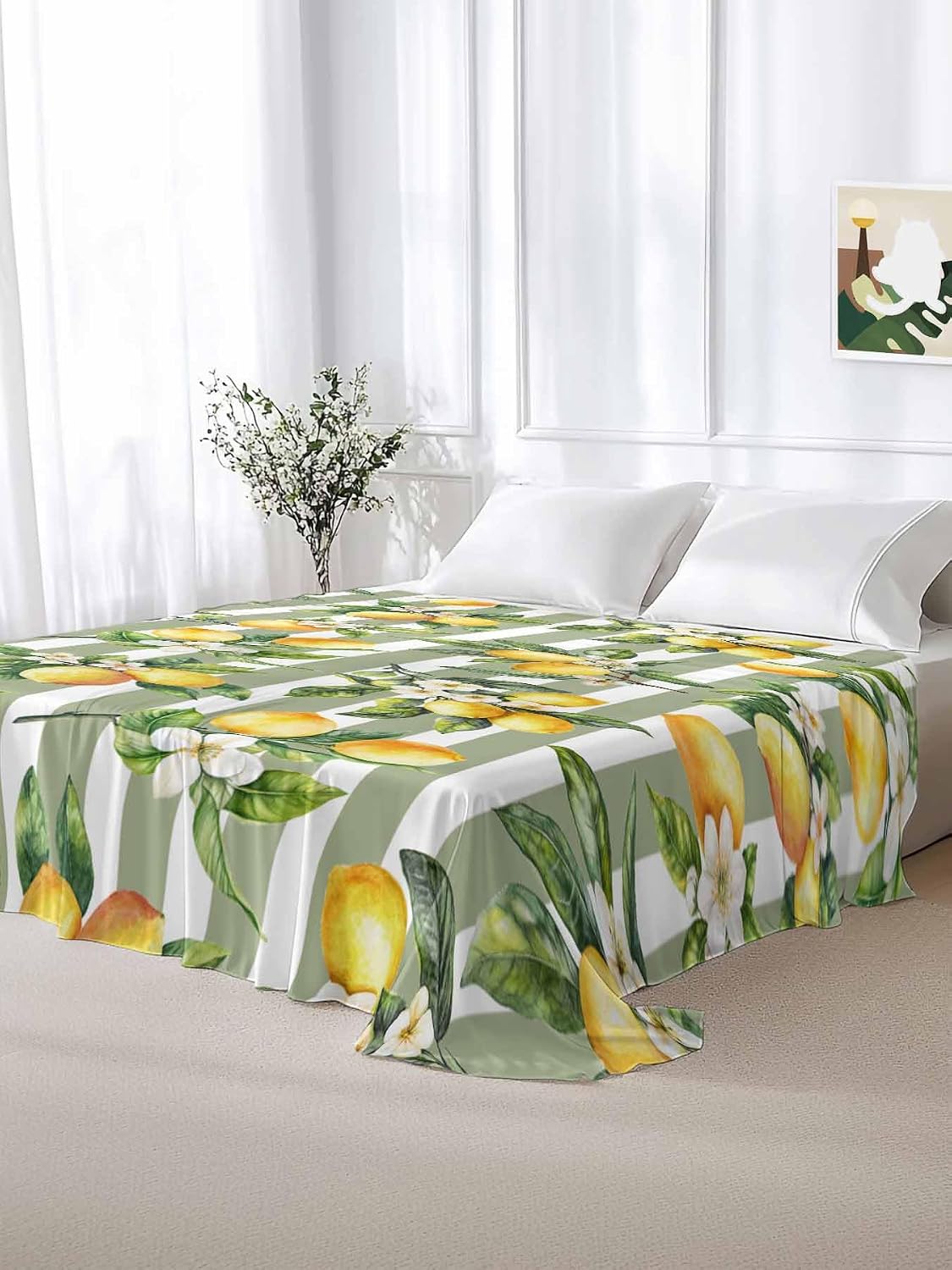 Twin Flat Sheet Only,Vintage Farm Lemon Flowers Top Sheet Breathable Soft Brushed Polyester Microfiber Bed Sheets,Yellow Fruit on Sage Green Stripe Hotel Luxury Bedding Sheets for Women,Men,Teens