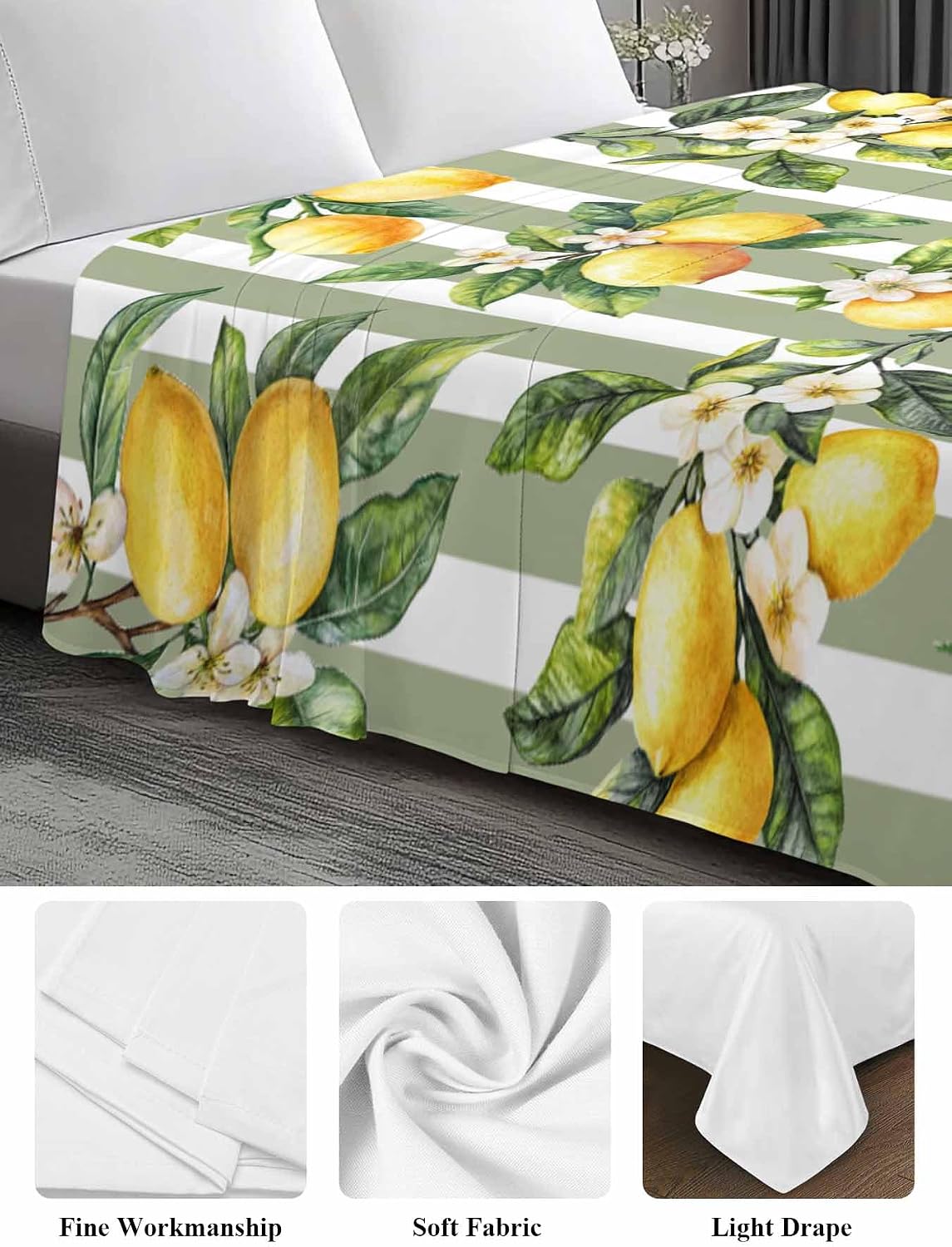 Twin Flat Sheet Only,Vintage Farm Lemon Flowers Top Sheet Breathable Soft Brushed Polyester Microfiber Bed Sheets,Yellow Fruit on Sage Green Stripe Hotel Luxury Bedding Sheets for Women,Men,Teens