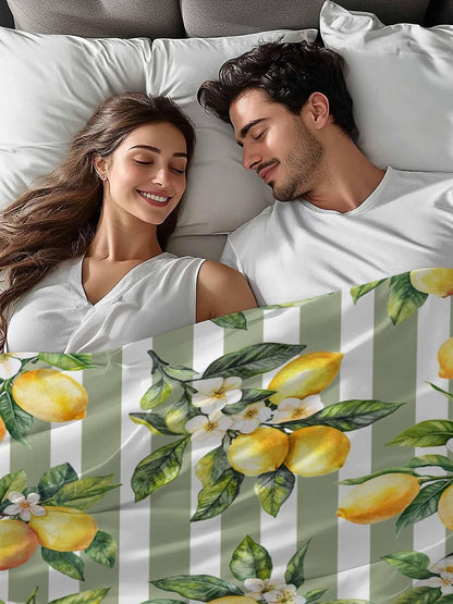 Twin Flat Sheet Only,Vintage Farm Lemon Flowers Top Sheet Breathable Soft Brushed Polyester Microfiber Bed Sheets,Yellow Fruit on Sage Green Stripe Hotel Luxury Bedding Sheets for Women,Men,Teens