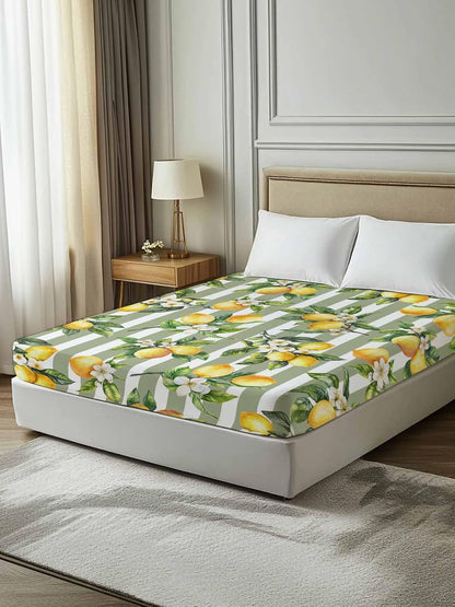 Twin Flat Sheet Only,Vintage Farm Lemon Flowers Top Sheet Breathable Soft Brushed Polyester Microfiber Bed Sheets,Yellow Fruit on Sage Green Stripe Hotel Luxury Bedding Sheets for Women,Men,Teens
