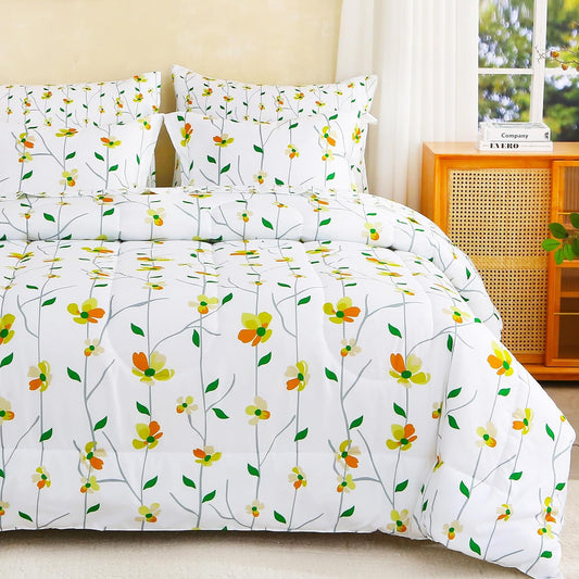 lasoftan Floral Queen Comforter Set with Sheets, 7 piece Luxury Vintage Bedding, Soft Microfiber Bed in a Bag, Cozy Lightweight Bed Set, Yellow Flower