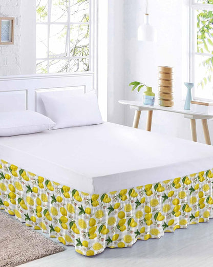 Yellow Summer Lemon Bed Skirt Queen Size 16 Inch Drop, Adjustable Elastic Wrap Around Bed Skirts Easy Fitting Dust Ruffle Bedskirt Bed Frame Cover Summer Botanical Gray Plaid