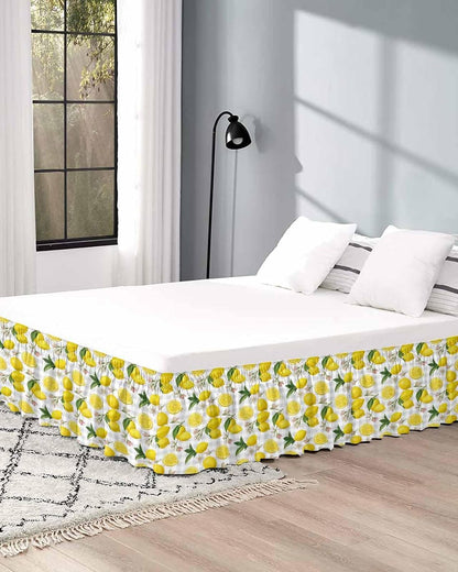 Yellow Summer Lemon Bed Skirt Queen Size 16 Inch Drop, Adjustable Elastic Wrap Around Bed Skirts Easy Fitting Dust Ruffle Bedskirt Bed Frame Cover Summer Botanical Gray Plaid