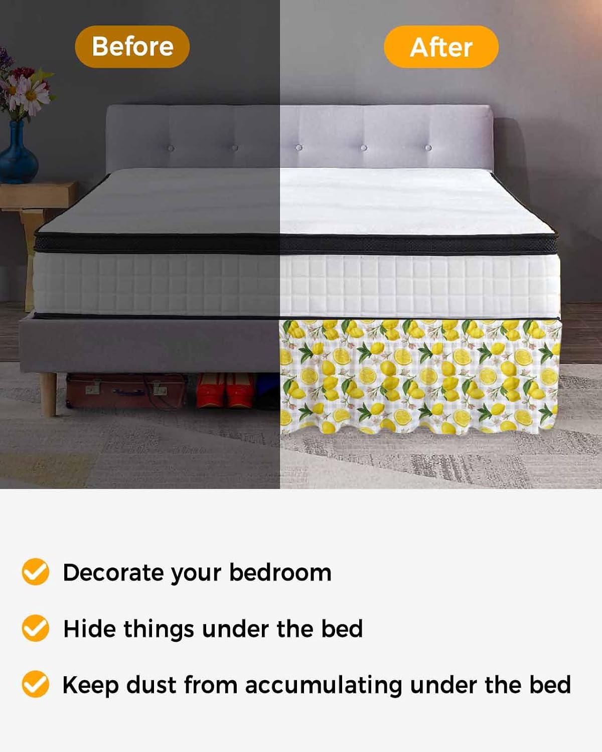 Yellow Summer Lemon Bed Skirt Queen Size 16 Inch Drop, Adjustable Elastic Wrap Around Bed Skirts Easy Fitting Dust Ruffle Bedskirt Bed Frame Cover Summer Botanical Gray Plaid