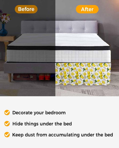 Yellow Summer Lemon Bed Skirt Queen Size 16 Inch Drop, Adjustable Elastic Wrap Around Bed Skirts Easy Fitting Dust Ruffle Bedskirt Bed Frame Cover Summer Botanical Gray Plaid