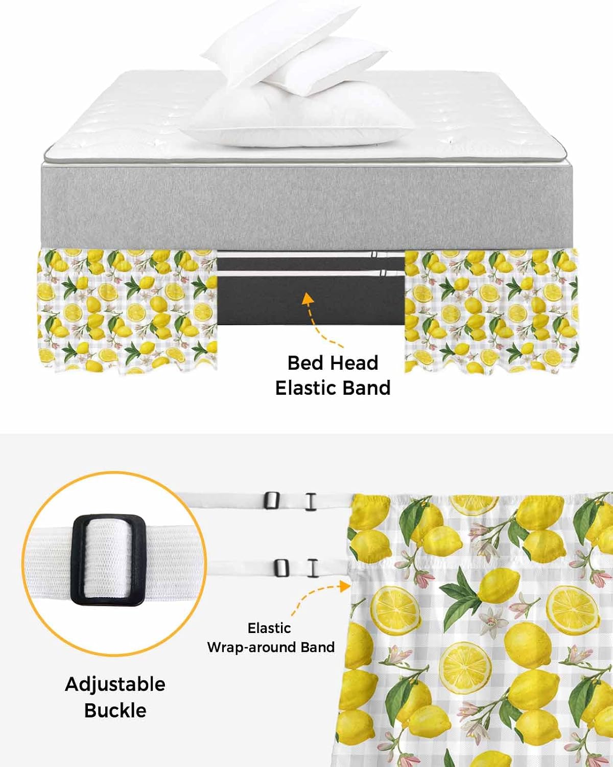 Yellow Summer Lemon Bed Skirt Queen Size 16 Inch Drop, Adjustable Elastic Wrap Around Bed Skirts Easy Fitting Dust Ruffle Bedskirt Bed Frame Cover Summer Botanical Gray Plaid