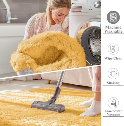 Area Rugs for Living Room Bedroom, Machine Washable 4x5.9 ft Soft Fluffy Shaggy Bedside Rug, Indoor Floor Carpet for Kids Girls and Boys, Dorms, Nursery Rooms, Home Decor, Mustard Yellow