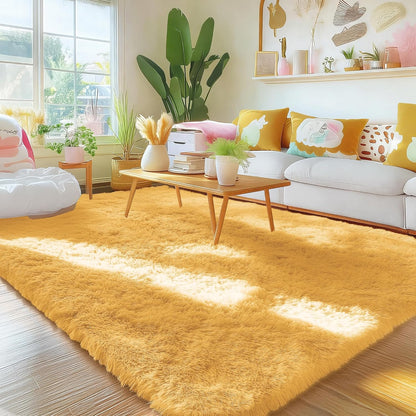 Area Rugs for Living Room Bedroom, Machine Washable 4x5.9 ft Soft Fluffy Shaggy Bedside Rug, Indoor Floor Carpet for Kids Girls and Boys, Dorms, Nursery Rooms, Home Decor, Mustard Yellow