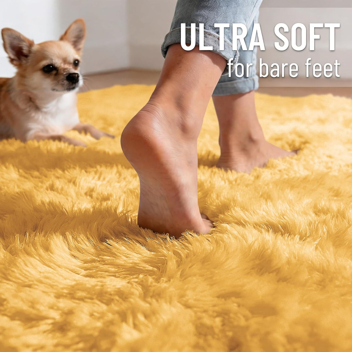 Area Rugs for Living Room Bedroom, Machine Washable 4x5.9 ft Soft Fluffy Shaggy Bedside Rug, Indoor Floor Carpet for Kids Girls and Boys, Dorms, Nursery Rooms, Home Decor, Mustard Yellow