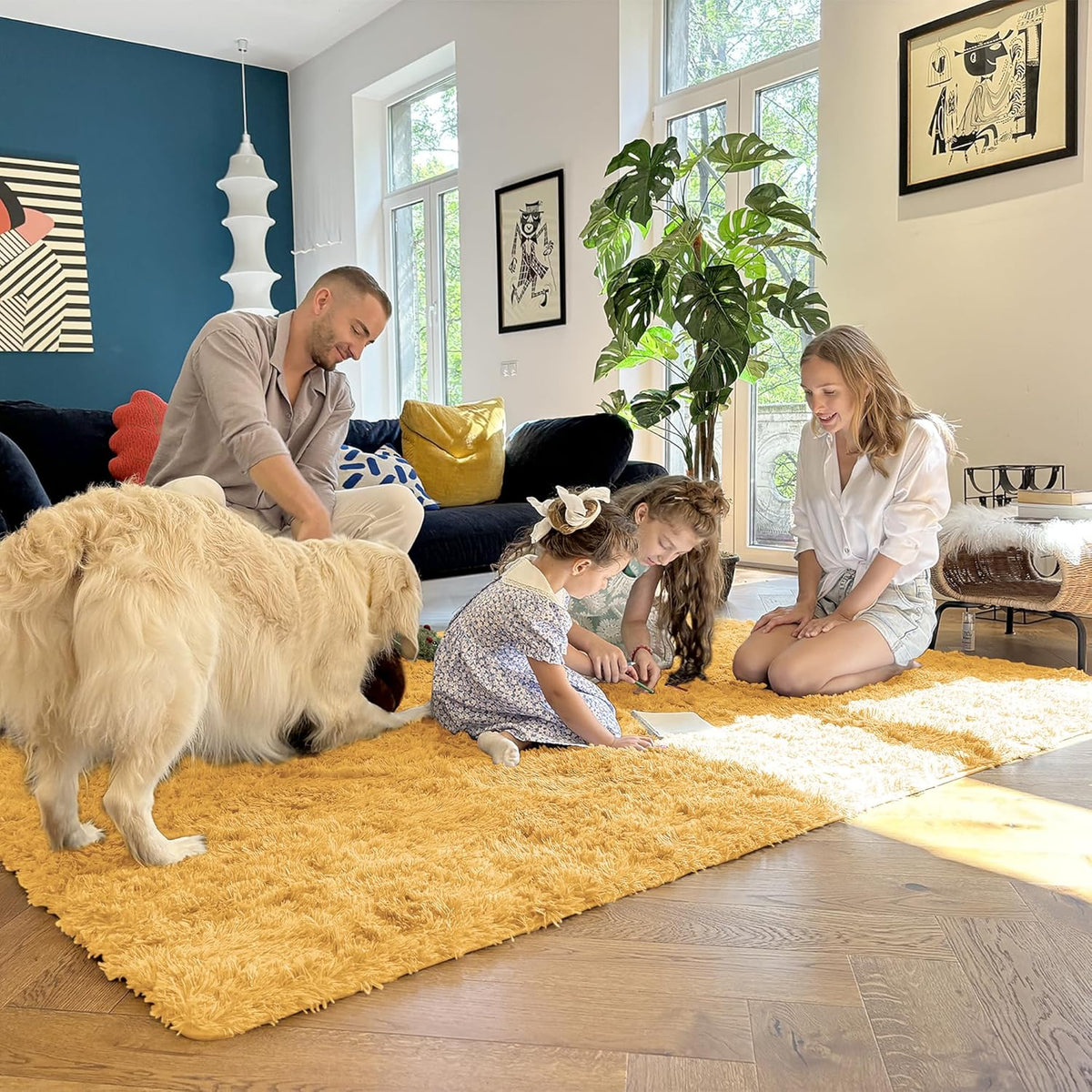 Area Rugs for Living Room Bedroom, Machine Washable 4x5.9 ft Soft Fluffy Shaggy Bedside Rug, Indoor Floor Carpet for Kids Girls and Boys, Dorms, Nursery Rooms, Home Decor, Mustard Yellow