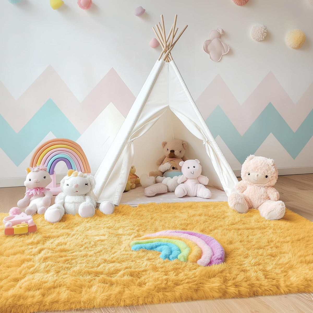 Area Rugs for Living Room Bedroom, Machine Washable 4x5.9 ft Soft Fluffy Shaggy Bedside Rug, Indoor Floor Carpet for Kids Girls and Boys, Dorms, Nursery Rooms, Home Decor, Mustard Yellow