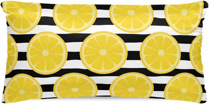 Yellow Lemon Pillow Cases Cal King Size, Summer Botanical Fruits Black White Stripes Satin Pillowcase with Zipper for Hair/Skin, Decorative Pillow Covers for Bed/Couch/Sofa, 20x40 Inches