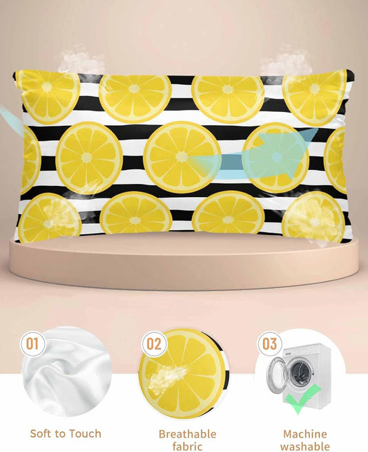 Yellow Lemon Pillow Cases Cal King Size, Summer Botanical Fruits Black White Stripes Satin Pillowcase with Zipper for Hair/Skin, Decorative Pillow Covers for Bed/Couch/Sofa, 20x40 Inches