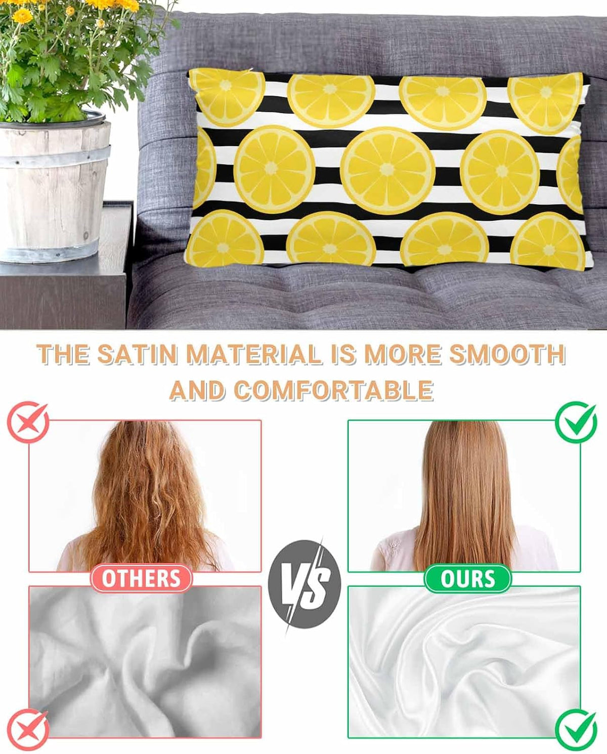 Yellow Lemon Pillow Cases Cal King Size, Summer Botanical Fruits Black White Stripes Satin Pillowcase with Zipper for Hair/Skin, Decorative Pillow Covers for Bed/Couch/Sofa, 20x40 Inches