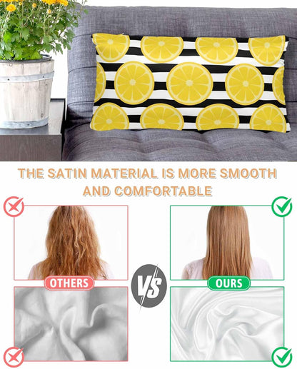 Yellow Lemon Pillow Cases Cal King Size, Summer Botanical Fruits Black White Stripes Satin Pillowcase with Zipper for Hair/Skin, Decorative Pillow Covers for Bed/Couch/Sofa, 20x40 Inches
