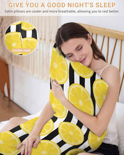 Yellow Lemon Pillow Cases Cal King Size, Summer Botanical Fruits Black White Stripes Satin Pillowcase with Zipper for Hair/Skin, Decorative Pillow Covers for Bed/Couch/Sofa, 20x40 Inches
