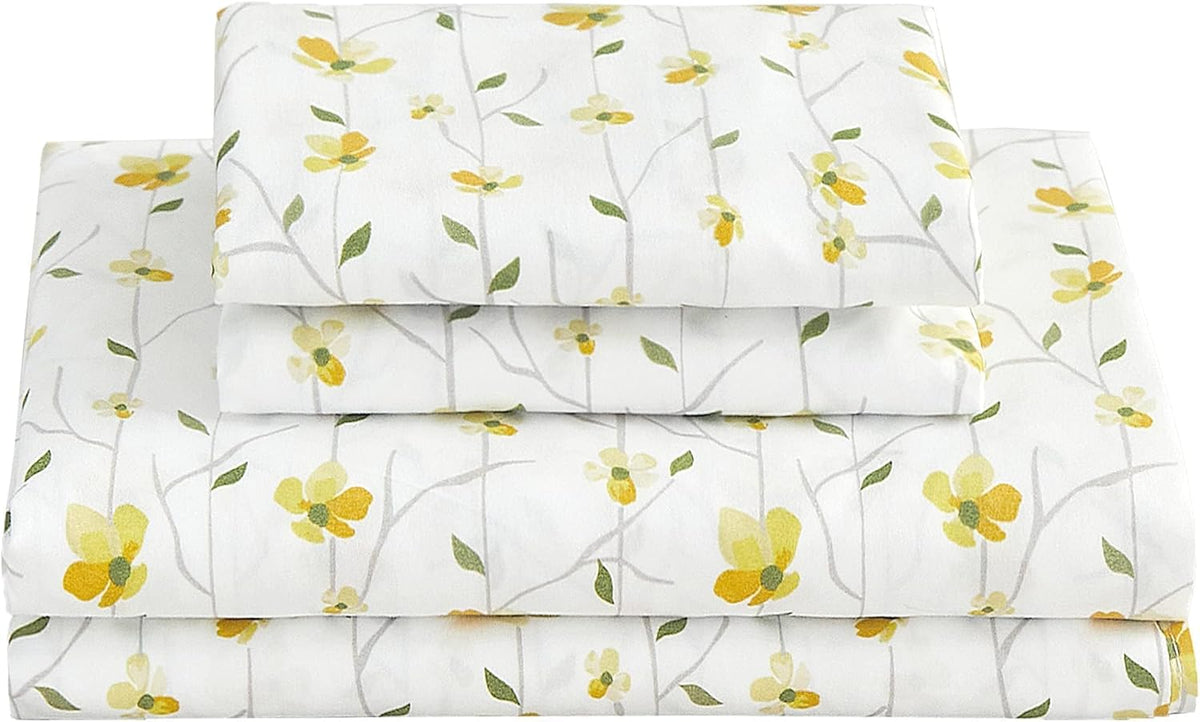 King Sheet Set Yellow Floral Bed Sheets Printed Sheets - 4 Piece Soft Microfiber Patterned Fitted Sheets King with 15" Deep Pocket and Corner Straps, Cute Yellow Flower Sheets & Pillowcase Set