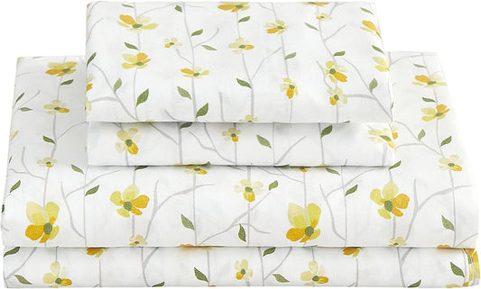 King Sheet Set Yellow Floral Bed Sheets Printed Sheets - 4 Piece Soft Microfiber Patterned Fitted Sheets King with 15" Deep Pocket and Corner Straps, Cute Yellow Flower Sheets & Pillowcase Set