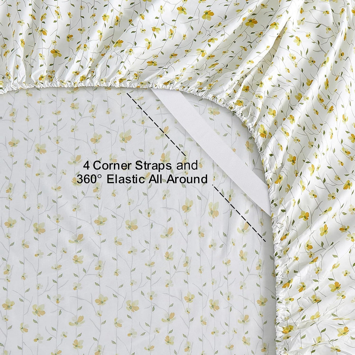 King Sheet Set Yellow Floral Bed Sheets Printed Sheets - 4 Piece Soft Microfiber Patterned Fitted Sheets King with 15" Deep Pocket and Corner Straps, Cute Yellow Flower Sheets & Pillowcase Set