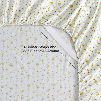 King Sheet Set Yellow Floral Bed Sheets Printed Sheets - 4 Piece Soft Microfiber Patterned Fitted Sheets King with 15" Deep Pocket and Corner Straps, Cute Yellow Flower Sheets & Pillowcase Set