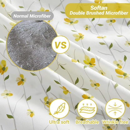 King Sheet Set Yellow Floral Bed Sheets Printed Sheets - 4 Piece Soft Microfiber Patterned Fitted Sheets King with 15" Deep Pocket and Corner Straps, Cute Yellow Flower Sheets & Pillowcase Set