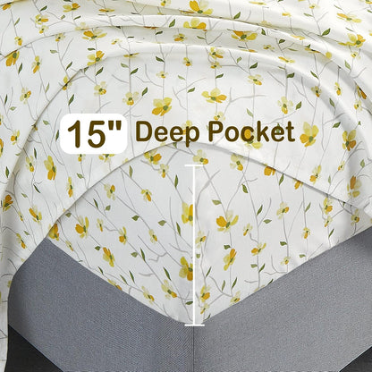 King Sheet Set Yellow Floral Bed Sheets Printed Sheets - 4 Piece Soft Microfiber Patterned Fitted Sheets King with 15" Deep Pocket and Corner Straps, Cute Yellow Flower Sheets & Pillowcase Set