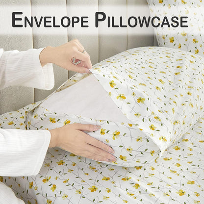 King Sheet Set Yellow Floral Bed Sheets Printed Sheets - 4 Piece Soft Microfiber Patterned Fitted Sheets King with 15" Deep Pocket and Corner Straps, Cute Yellow Flower Sheets & Pillowcase Set
