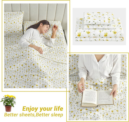 King Sheet Set Yellow Floral Bed Sheets Printed Sheets - 4 Piece Soft Microfiber Patterned Fitted Sheets King with 15" Deep Pocket and Corner Straps, Cute Yellow Flower Sheets & Pillowcase Set