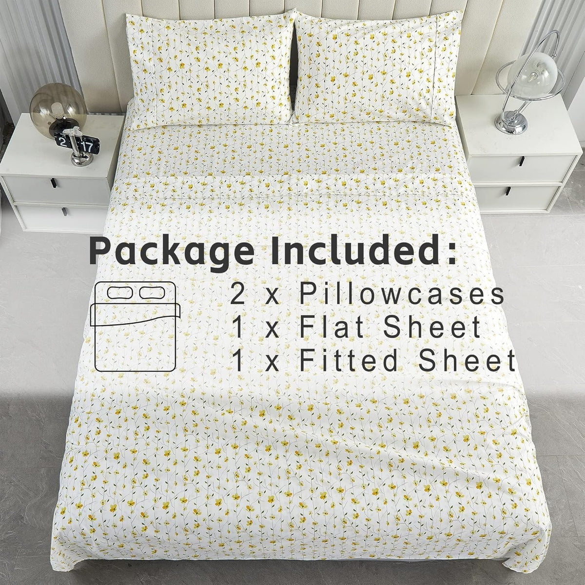 King Sheet Set Yellow Floral Bed Sheets Printed Sheets - 4 Piece Soft Microfiber Patterned Fitted Sheets King with 15" Deep Pocket and Corner Straps, Cute Yellow Flower Sheets & Pillowcase Set
