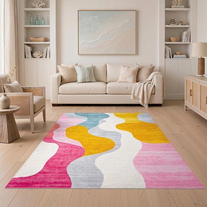 Flatwoven High Traffic Area Rug 5x7, Vivid Dreamscape Abstract Swirls Modern Artistic Design, Non Slip, Stain Resistant, Washable Area Rugs for Living Room, Bedroom (Yellow, 5x7)