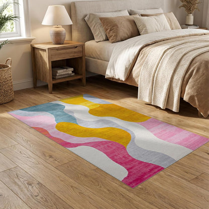 Flatwoven High Traffic Area Rug 5x7, Vivid Dreamscape Abstract Swirls Modern Artistic Design, Non Slip, Stain Resistant, Washable Area Rugs for Living Room, Bedroom (Yellow, 5x7)