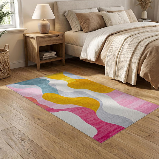 Flatwoven High Traffic Area Rug 5x7, Vivid Dreamscape Abstract Swirls Modern Artistic Design, Non Slip, Stain Resistant, Washable Area Rugs for Living Room, Bedroom (Yellow, 5x7)