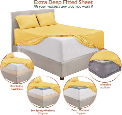 Extra Deep Pocket Sheet Sets, Luxury Soft 6 Piece Bed Sheet Set Fits Mattress 18-24 Inches - Full, Mellow Yellow