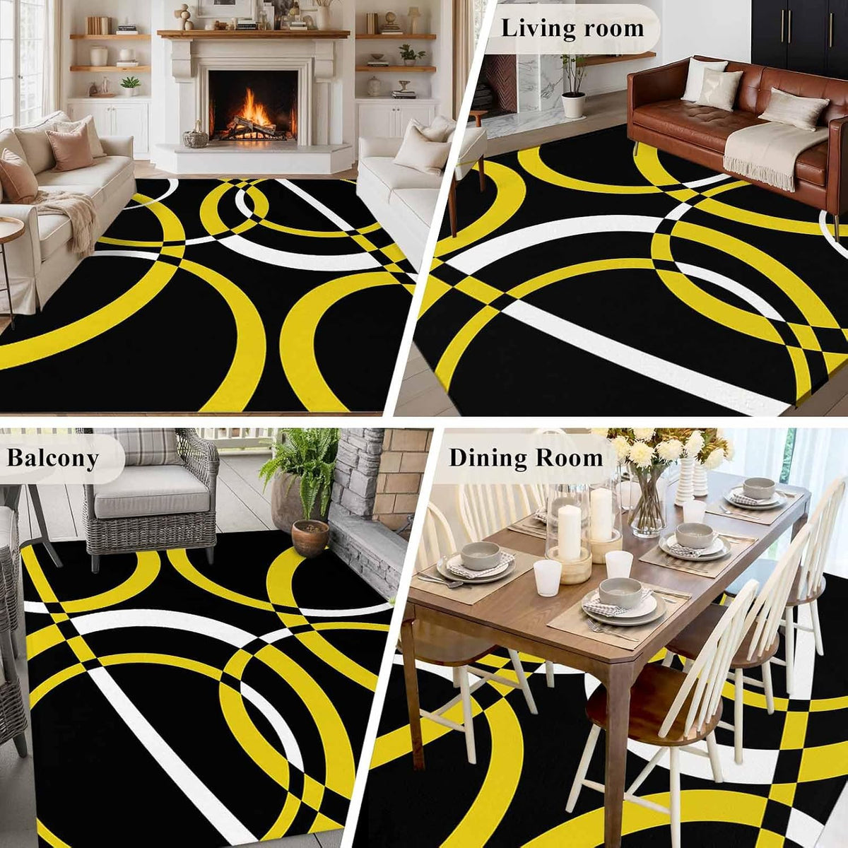 Modern Abstract Art 6x9 Area Rug for Living Room Bedroom, Yellow White Geometric Circle Washable Rugs Absorbent Non-Slip Indoor Large Carpet for Dining Room Home Office Decor