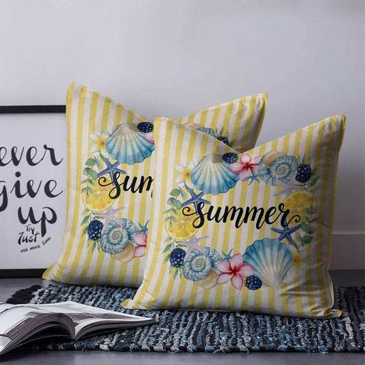 Summer 2PCS Throw Pillow Covers for Couch Sofa Bed, Lemons Starfish Flower Stripes Yellow Vintage Pillow Covers 18x18 inch, Standard Pillowcases Set Decorative Cushion Covers for Living Room Bedroom