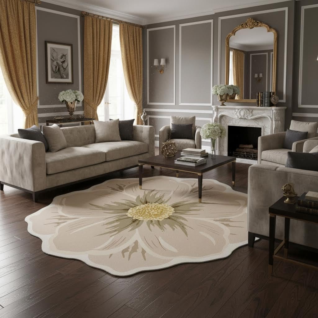 Yellow Green Beige Flower Rug 3ft Round Area Rugs Elegant Floral Texture Non Slip Foldable Washable Durable Comfort Thin Carpets for Bedroom Living Room Conference Room Guestroom Floor Mats